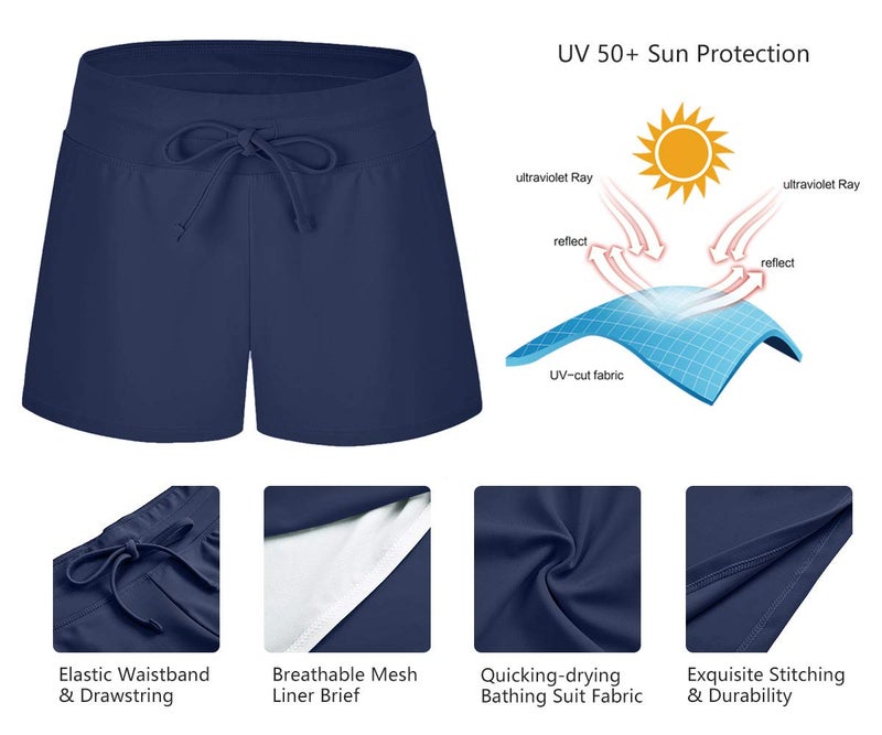 ChinFun Board Shorts Women's Swimswear Tankini Swim Briefs Side Split Swimsuit Bottom Waistband Stretch Boardshorts Beach Trunks Inner Lining Navy Blue Size M - Image 5